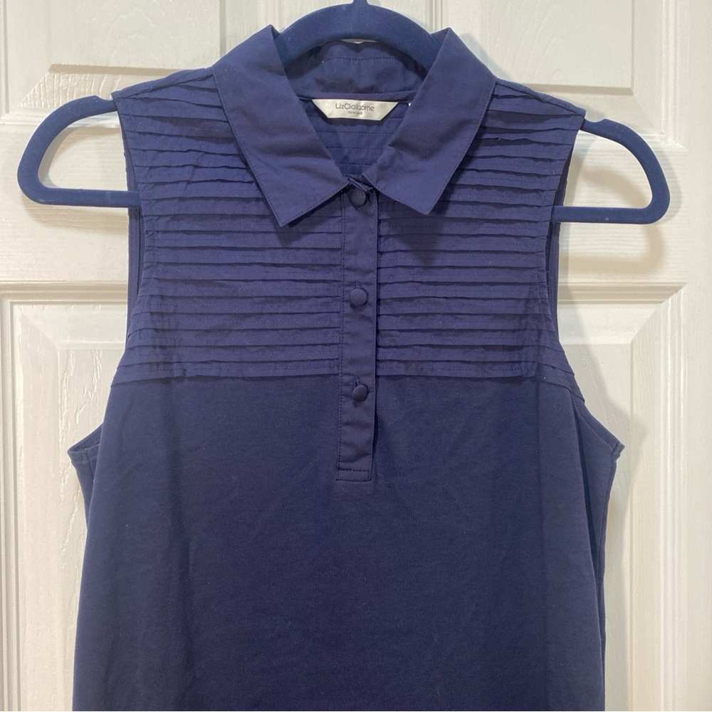 Liz Claiborne Shift Dress Womens XS Navy Sleeveless Collared 100% Cotton Casual